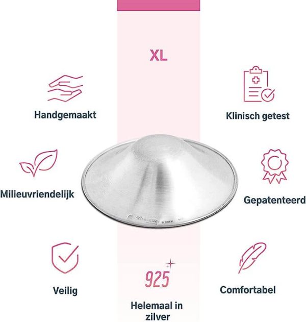 Silverette XL met 6 eigenschappen: handgemaakt, klinisch getest, gepatenteerd, comfortabel, 925 zilver, veilig en milieuvriendelijk.