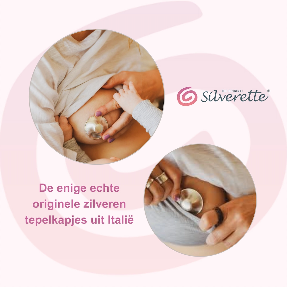 Silverette Original | maat medium | zilveren tepelkapjes 5 Silverette Original nursing caps on nipple