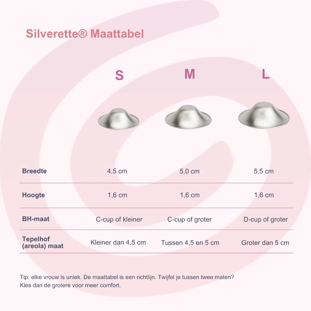 Silverette Original | maat medium | zilveren tepelkapjes 4 Silverette meet tabel